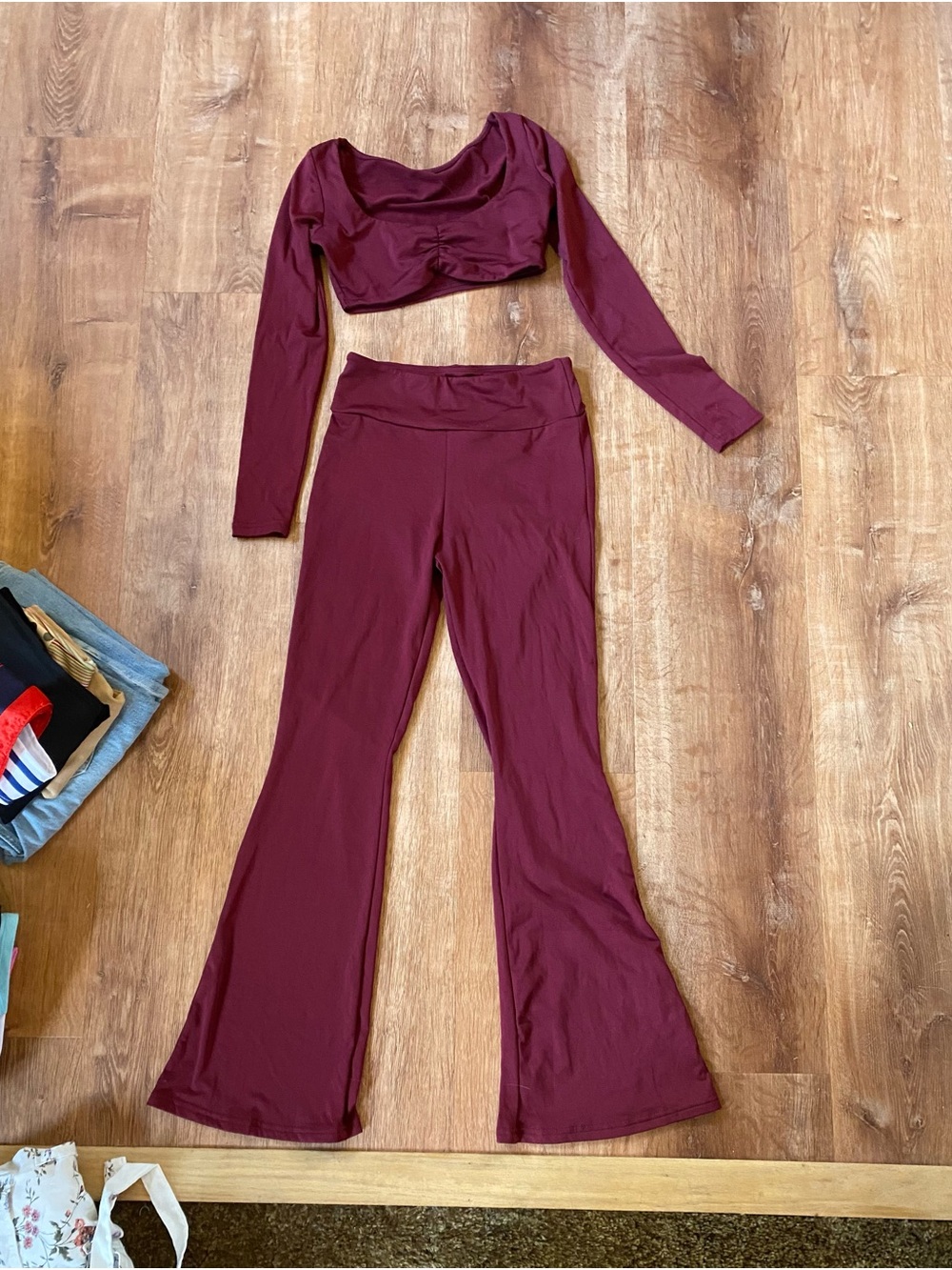 Women's Wine Long Sleeve Crop Top & Flare Pants Set